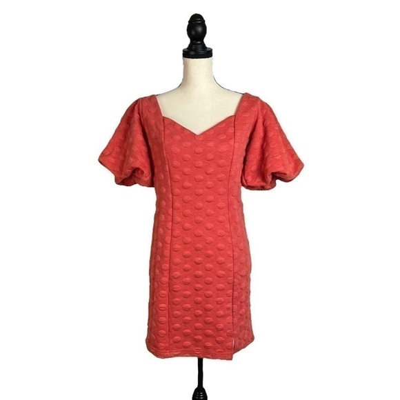 Betsey Johnson Polka Dot Jacquard Puff Sleeve Mini Dress Poppy Medium Orange - Picture 1 of 16